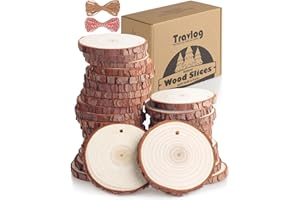Travlog Unfinished Wood Slices with Hole, Natural Wood Circles Blank with Bark for DIY Crafts, Home Decor, Christmas Ornament (30Pcs, 3.1-3.5 Inch)