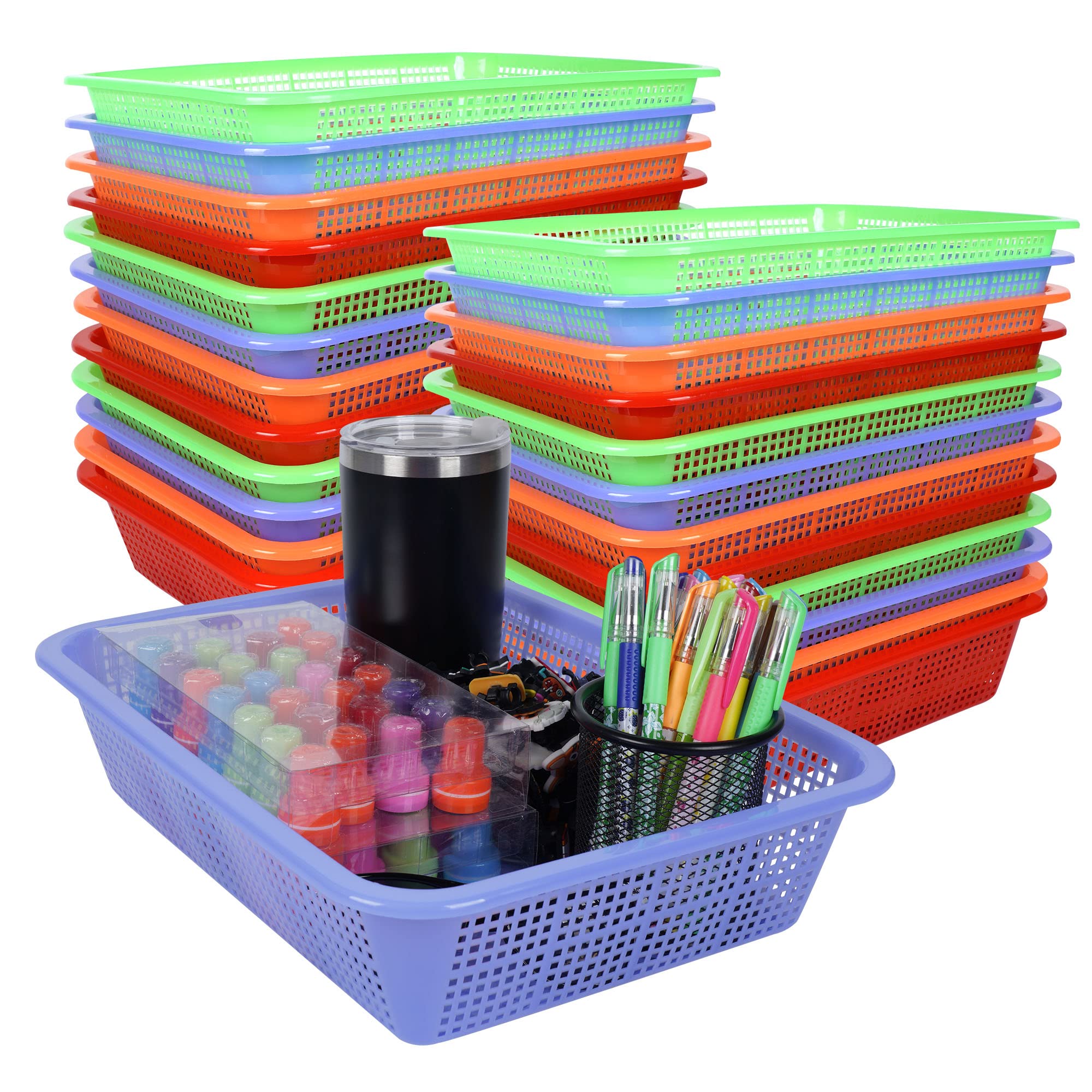 Photo 1 of Kolewo4ever 24 Pack Classroom Storage Baskets Pencil Organizer Bins 13.5 x 10 x 3 Inch Paper Trays Basket Plastic Book Basket for Classroom Library Organizer