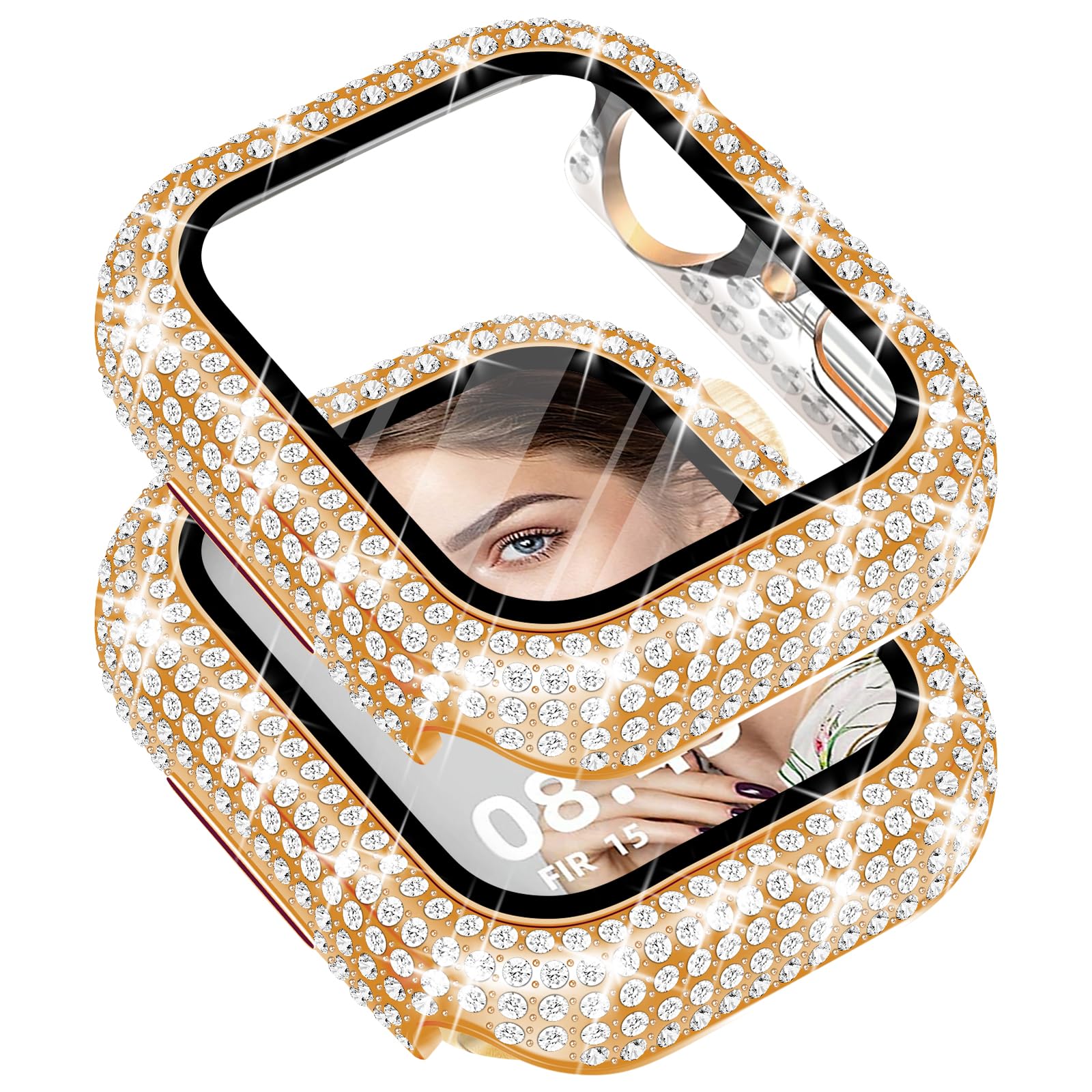 Photo 1 of Newlibery Bling Watch Case with HD Screen Protector Women Compatible with Apple Watch 41mm Full Diamond Protective Face Cover PC Frame Protector for iWatch Series 7/8/9 Rose Gold