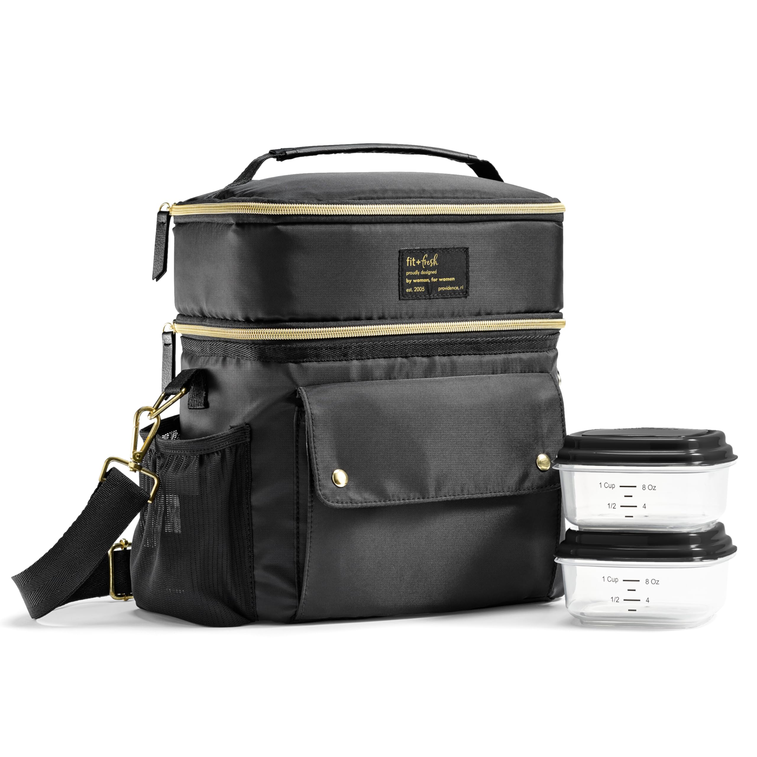 Fit & Fresh Dual Compartment Lunch Bag For Women, Insulated Extra Large Meal Prep Lunch Bag For Women With Matching Containers, Front Pocket, Adjustable Strap, Westminster Lunch Bag, Black