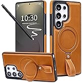 Butaiga for Samsung Galaxy S23 Ultra Leather Case with Stand, Anti-Slip Grip Ring, Fits for MagSafe (Brown, S23 Ultra-6.8inch)