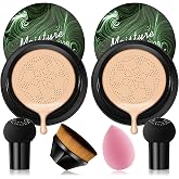 2PCS Mushroom Head Air Cushion CC Cream, Moisturizing Lasting Oil Control BB Cream for All Skin Types, Full Coverage Concealer Liquid Foundation Face Makeup Set with Foundation Brush &amp; Makeup Sponge A