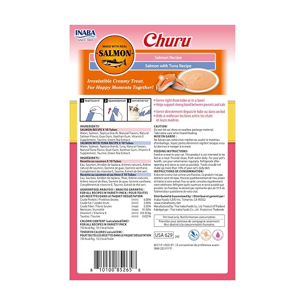 INABA SALMON CHURU CAT TREATS, LICKABLE, SQUEEZABLE CREAMY PURÉE CAT TREAT WITH GREEN TEA EXTRACT & TAURINE, 0.5 OUNCES EACH TUBE, 20 TUBES, SALMON & TUNA VARIETY BOX