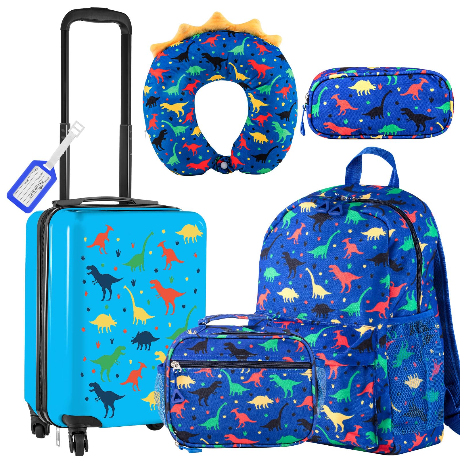 Photo 1 of ***used****Redbaker 6 Pcs Kids Luggage Set 17 Inch Kids Rolling Luggage Double Pattern Suitcase for Girls Boys School Gift(Dark Blue,Dinosaur Style)