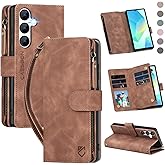 CAESBON for Samsung Galaxy A16-5G-Wallet Case: with RFID Blocking Card Slots (6 Cards) | Soft PU Leather Magnetic Snap Zipper Pocket | Crossbody Wrist Strap Protective Phone Cover - Brown