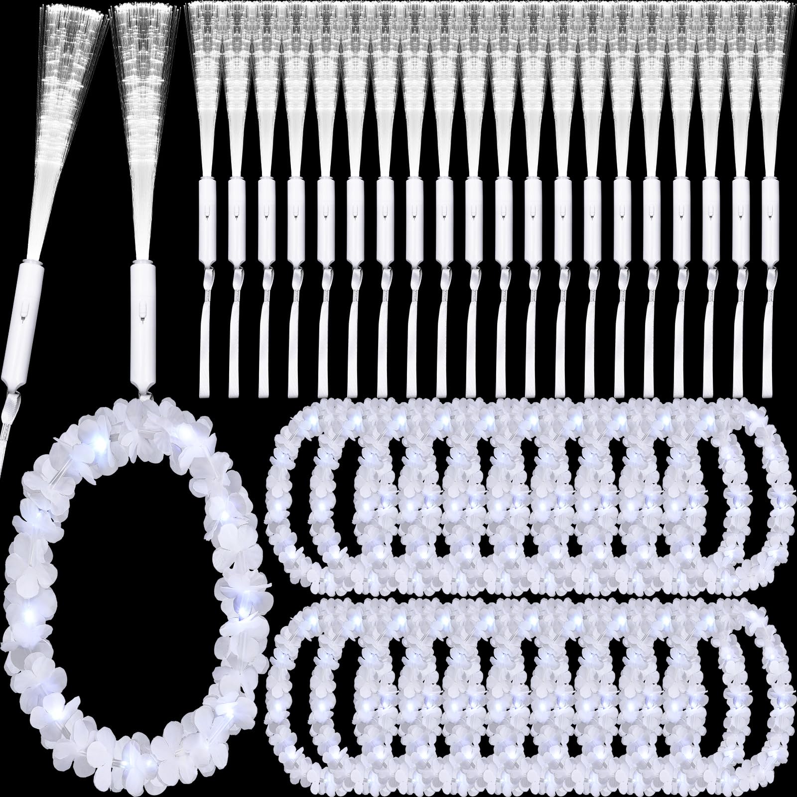 Photo 1 of Sherr 40 Pcs White LED Hawaiian Leis and Fiber Optic Wands Set, 20 Light up Flower Leis Necklace 20 Wedding Fiber Wands Flashing Sticks Beach Tropical Carnival Party Supplies Luau for Masquerade