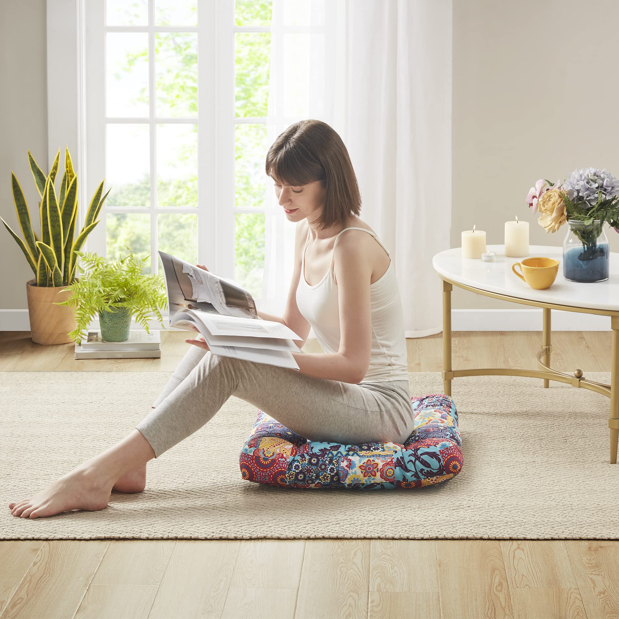 Boho Floor Pillow, Large Meditation Cushion for Adults, Square Pillows Seating for Yoga Living Room Tatami Sitting Home Decor, Memory Foam Added, 22x22 Inch, Multi Patchwork - Image 8