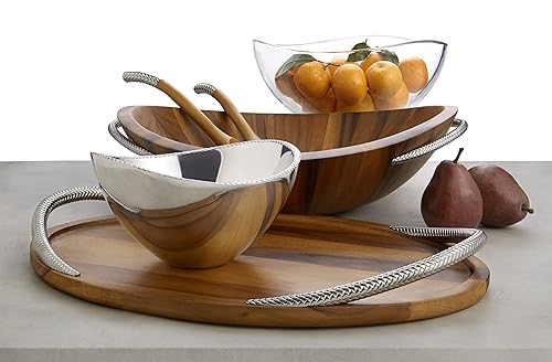 Nambe Braid Salad Bowl with Servers 3-Piece Set Large Wooden