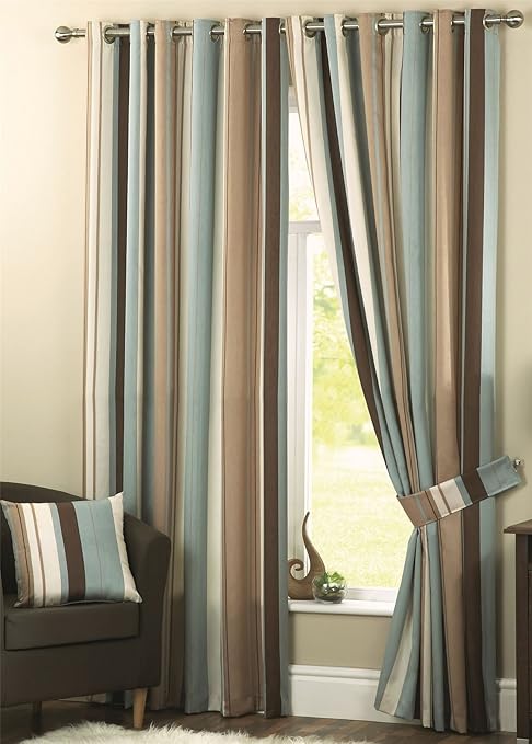 Wilson Striped Lined Curtains 90 X 72 Duck Egg Blue Chocolate