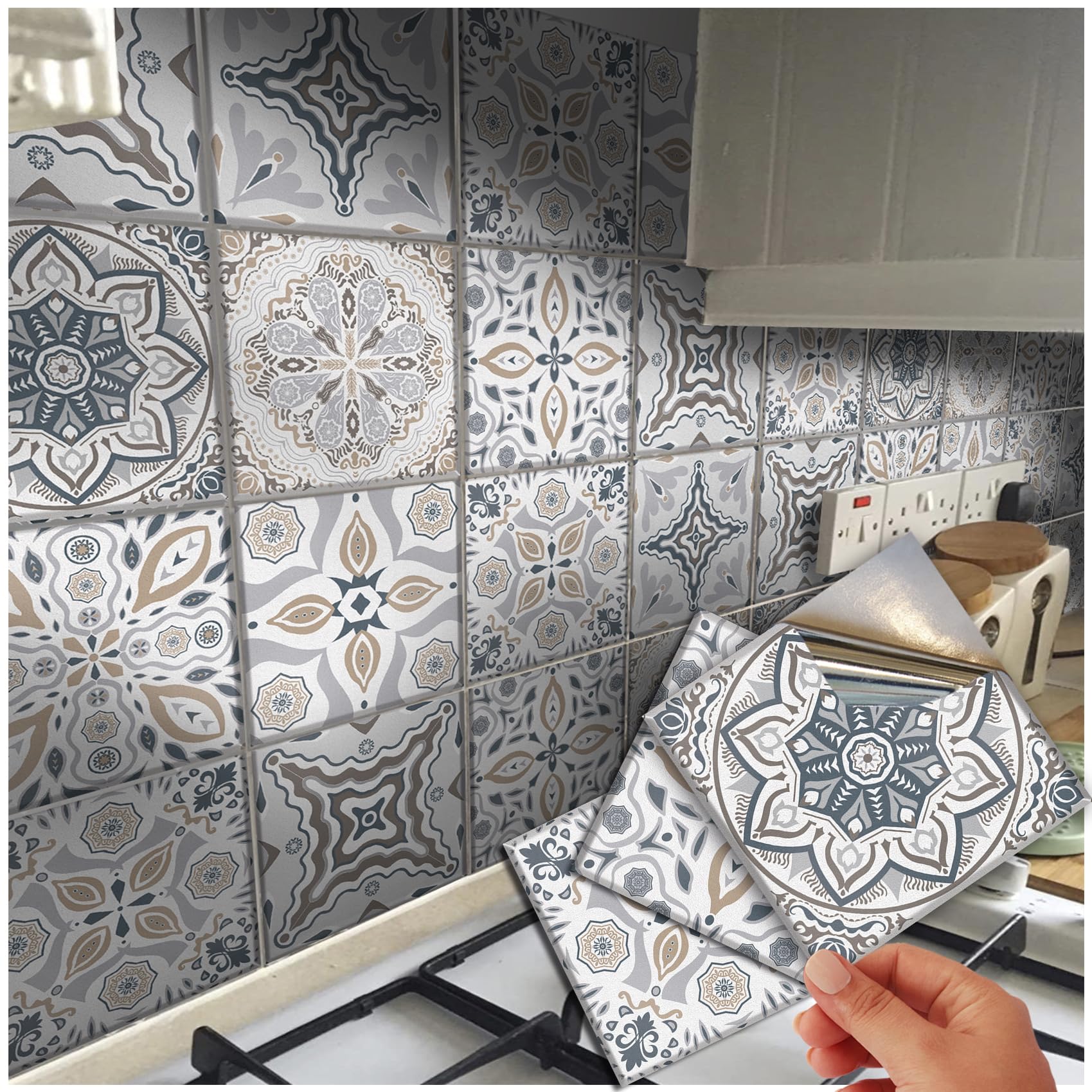 48 Tile Stickers Kitchen Victorian Mosaic Tile Stickers Transfers for Floor Wall Kitchen Bathroom Peel and Stick Tile Wood Floor Wall Covers (Grey Mix, 6" - 48 Individual Stickers)