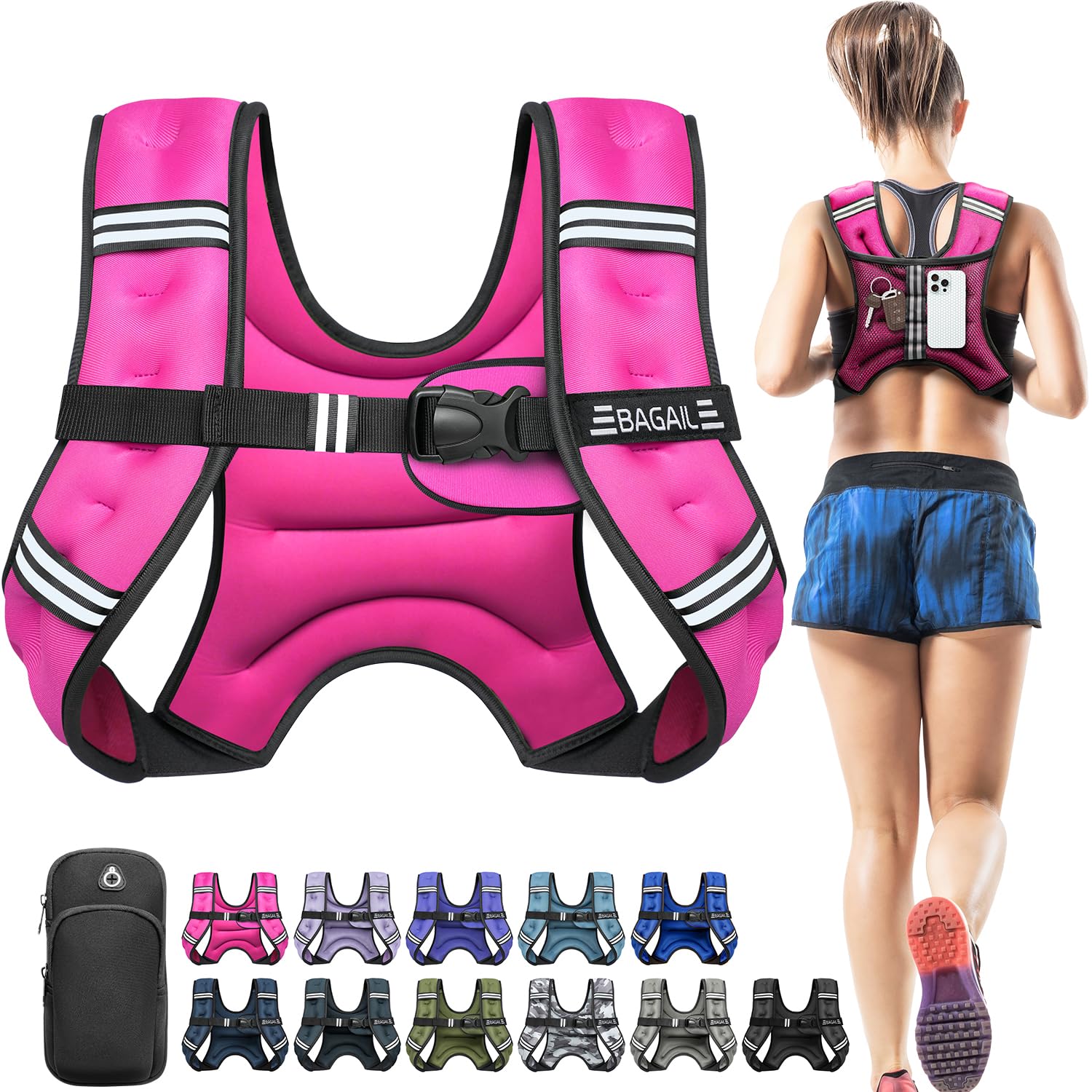 BAGAIL Comfort-Fit Weighted Vest for Woman, Even Weight Distribution, Faster Weight Loss, No-Chafe or Bounce for Walking & Running with Detachable Phone Pouch & Reflective Stripes - 10lb, Pink