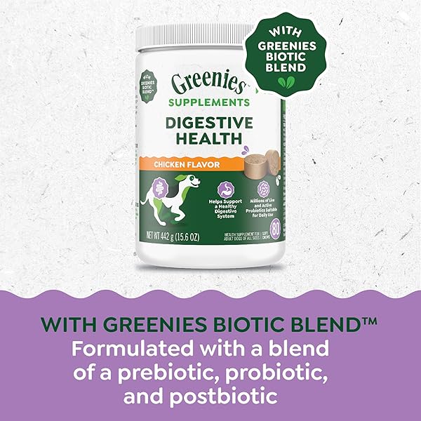 GREENIES SUPPLEMENTS DIGESTIVE HEALTH PROBIOTICS FOR DOGS CHICKEN FLAVOR, 15.6 OZ. TUB OF 80 CT. SOFT CHEWS DOG PROBIOTICS