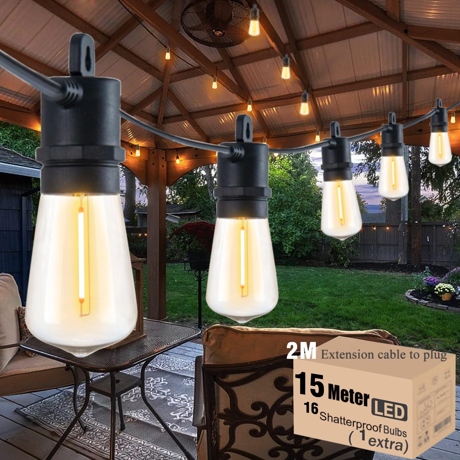 Meidaoduo 15M Festoon Lights Outdoor Mains IP65 Garden String Lights with 15+2 LED 2700K Bulbs Outdoor Lights for Indoor Outside Patio Pergola, 2M Extension Cable Built-in