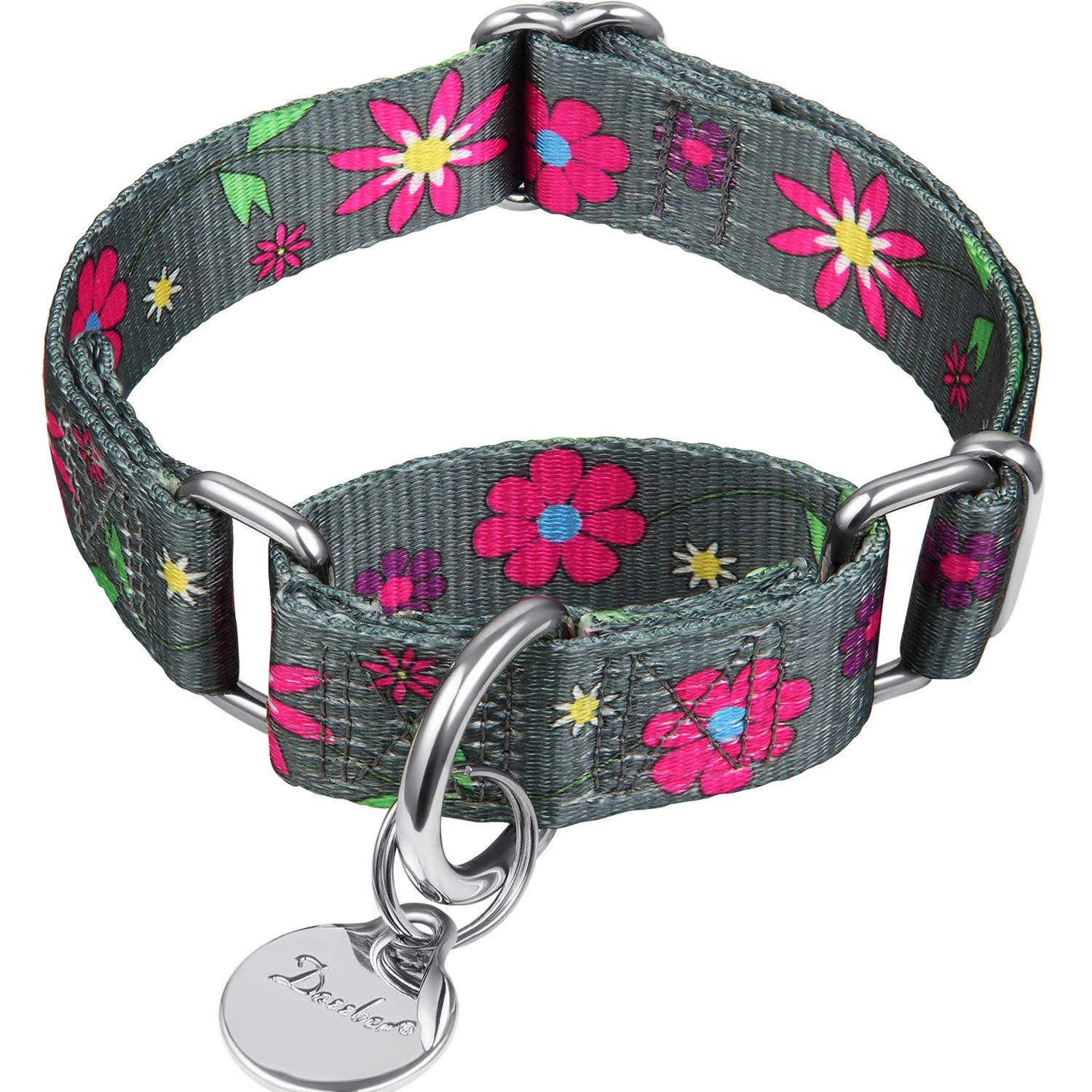 Dazzber Martingale Collars for Dogs – Soft Adjustable Dog Collar, Durable D-ring Heavy Duty, Choke Collar for Large Medium Small Dogs (Medium, 2.5cm Wide, Graphite Grey and Sun Flower)