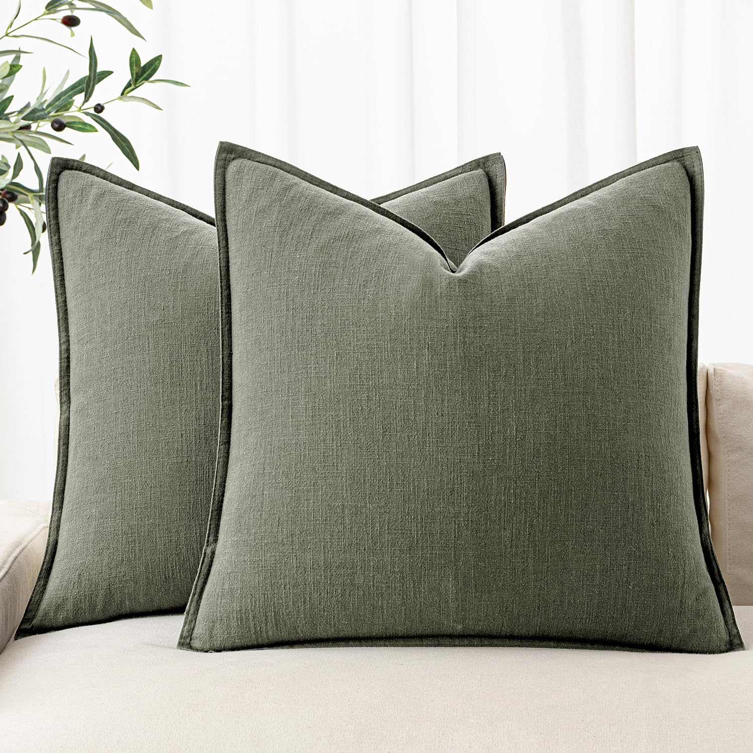 Photo 1 of MIULEE Decorative Linen Pillow Covers 24x24 Inch Olive Green Boho Farmhouse Neutral Couch Throw Pillows for Bed Pack of 2 Accent Outdoor Pillowcase Modern Sofa Cushion Livingroom Home Decor