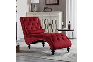 DecoraFlex Tufted Chaise Lounge Chair Indoor, Velvet Chaise Lounges with Solid Wood Legs & Support Pillow, Upholstered Couch for Bedroom Living Room Office, Leisure Sofa Recliner(RED)