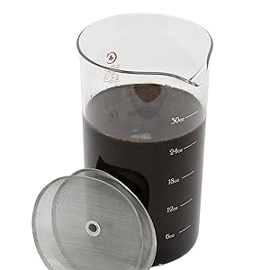 French Press Replacement Glass; for Bodum, Café Crush Carafe Club Bonus Steel Filters, Fire Hardened Borosilicate Beaker 34 Ounce|1Liter Size (White Measures)