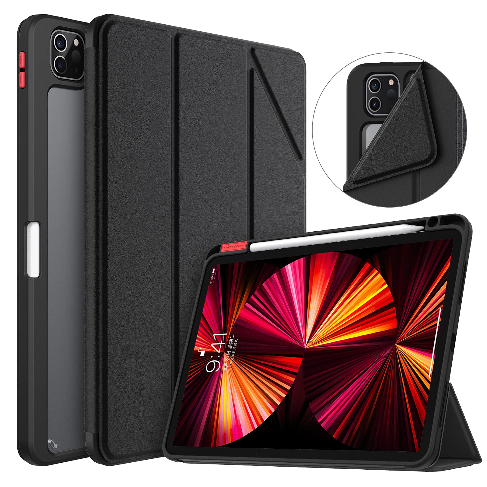 Nillkin iPad Pro 11 2021/2020 Case with Pencil Holder, PU Leather Protective Stand Cover with Auto Wake/Sleep, Black
