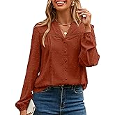 Simplee Womens Long Sleeve Blouses Dressy Casual Fall V Neck Trendy Tops 2025 Swiss Dot Shirts Button Work Fashion Clothes