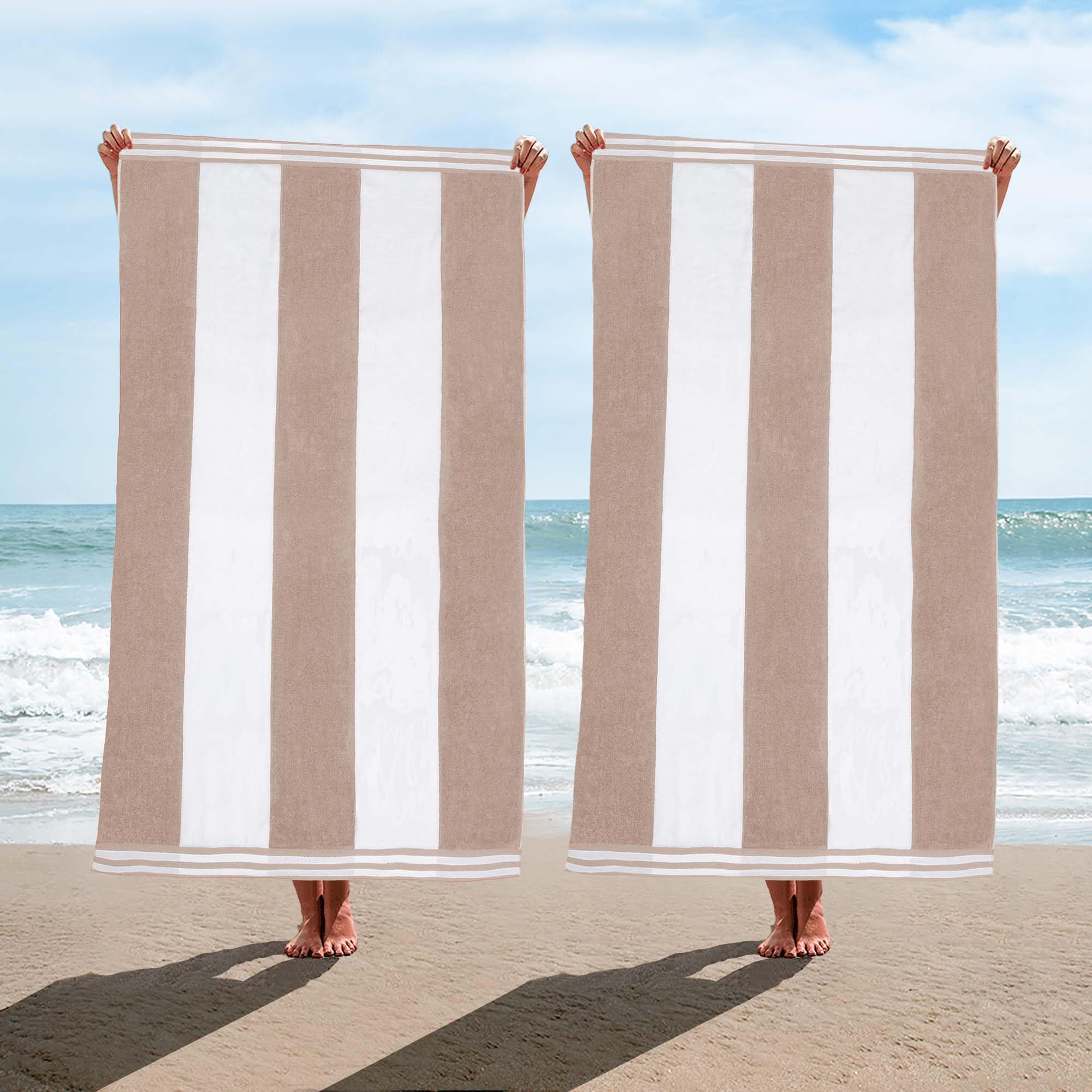 Photo 1 of Superior Cotton Striped Beach Towels, Colorful Towels for Adult, Kid, Pool, Swimming, Sand, Travel, Large Oversized, Absorbent, Fast Drying, Bath Basics, Cabana Collection, Set of 2, Taupe