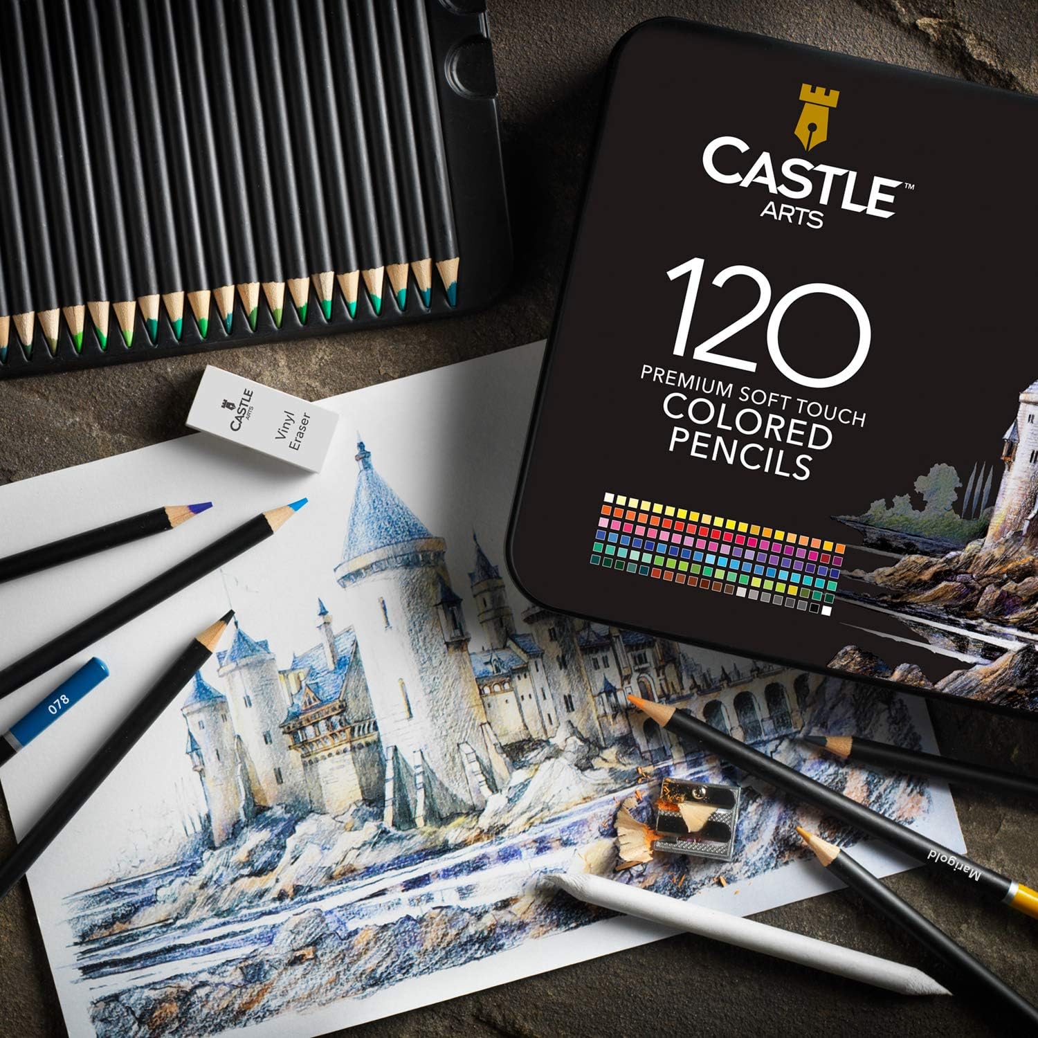 Castle Art Supplies 120 Colored Pencil Set for artists, featuring 'soft