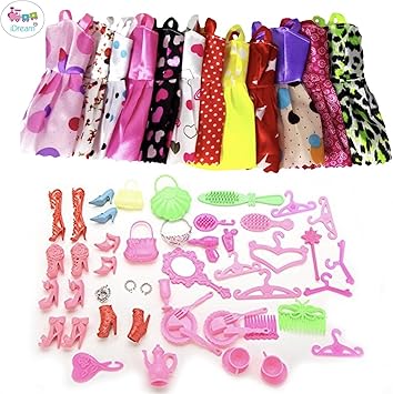iDream 10pcs Doll Dress & 50pcs Doll Accessories (Combo Pack) Compatible with Barbie Doll