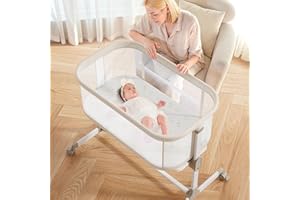 Beige Bedside Bassinet with Wheels, All Mesh Bedside Bassinet with Wheels, Adjustable Height Baby Beside Sleeper