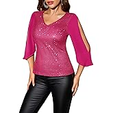 Dressystar Elegant Sequin Tops for Women, V-Neck Long Split Sleeve Blouses for Evening Party, Dressy and Sparkly Bling Shirt