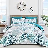 WONGS BEDDING Coastal Comforter Set Queen, Beach Themed Comforter,7 Pieces Ocean Nautical Seaweed & Starfish Bed in a Bag (90"×90")