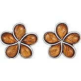 925 Sterling Silver Koa Wood Hawaiian Plumeria Flower Stud Earrings, Nickel Free Hypoallergenic for Sensitive Skin, Rhodium Finished, Gift Box Included