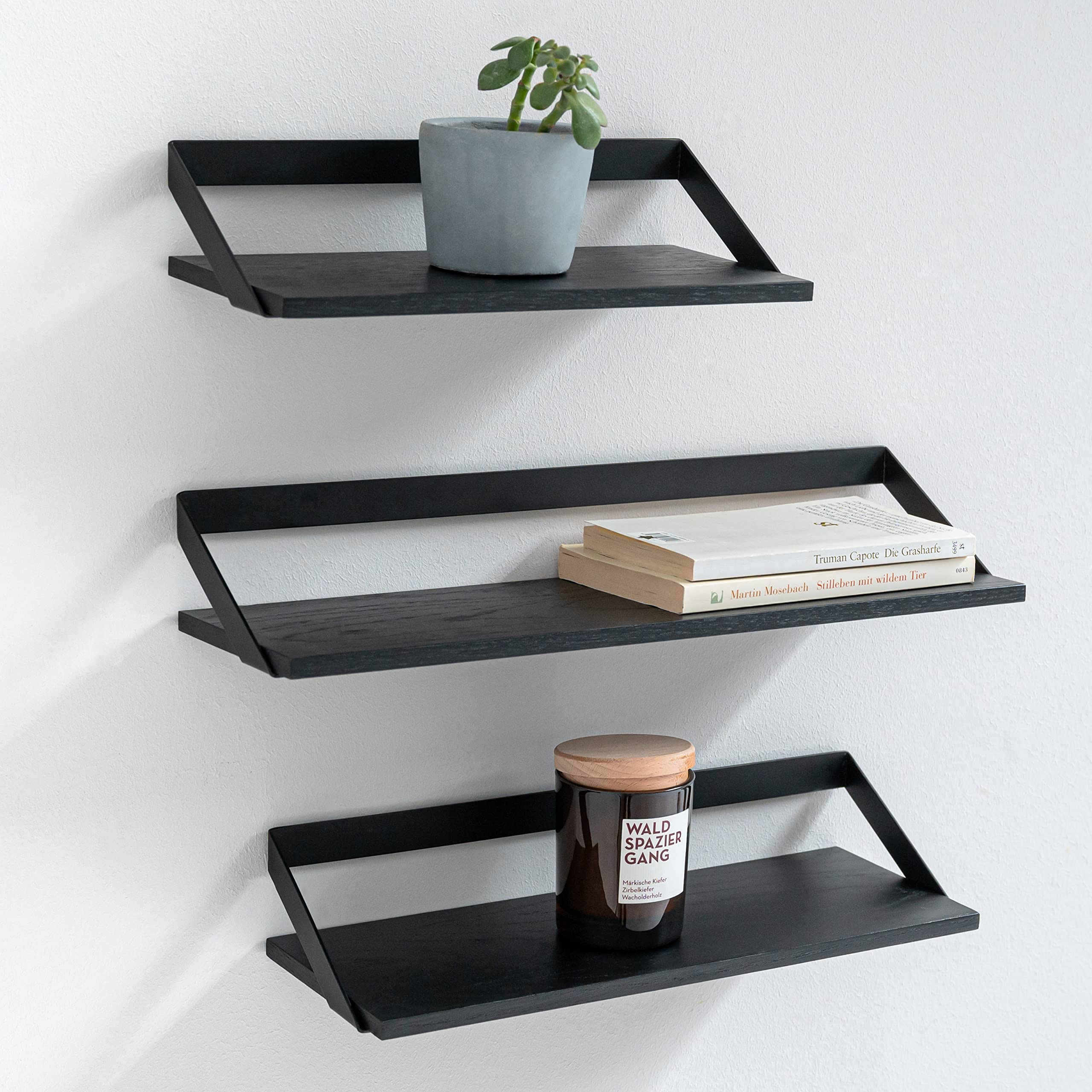 Kazai. Wall Shelves -Finn- | 3 Part Floating Shelves Set made of Metal and Real Wood Veneer | Wall Decor, Storage and Shelf for Living Room, Kitchen, Bedroom | Oak, black