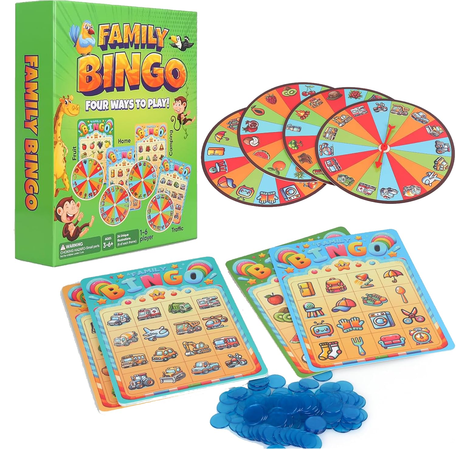 Travofun Family Bingo Game for Toddlers & Kids | 4-in-1 Visual Bingo Set with Household Items, Cars, Fruits & Camping Gear | Family-Friendly Board Game for Learning & Fun| 2-4 Players