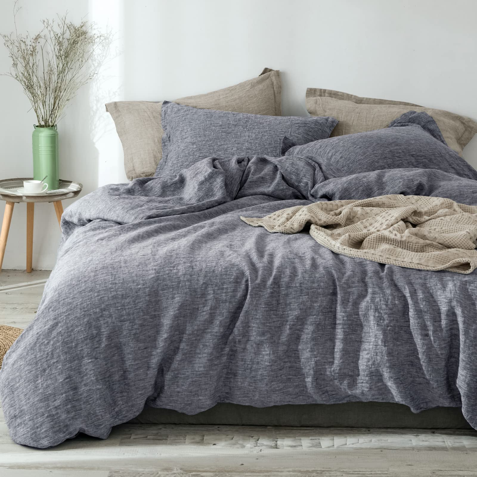 Photo 1 of PHF 100% French Flax Linen Duvet Cover Set King, 3pcs Garment Washed Soft Natural Linen, Breathable Durable Cool Duvet Set for Hot Sleepers, 1 Comforter Cover and 2 Pillowshams,106"x92",Indigo Greyish