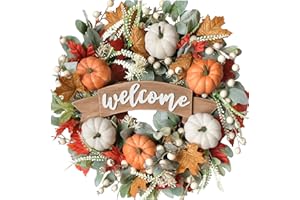 Egolot 24 Inch Fall Pumpkin Maple Leaves for Front Door, Autumn White Orange Pumpkin Greenery Leaves Wreath for Indoor Outdoor, Welcome Sign Pumpkin Wreath