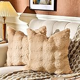 AmHoo Pack of 2 Throw Pillow Covers 3D Dense Faux Rabbit Fur Cozy Super Soft Fuzzy Set Case Cushion for Couch Sofa Bedroom 18 x 18-Inch Camel