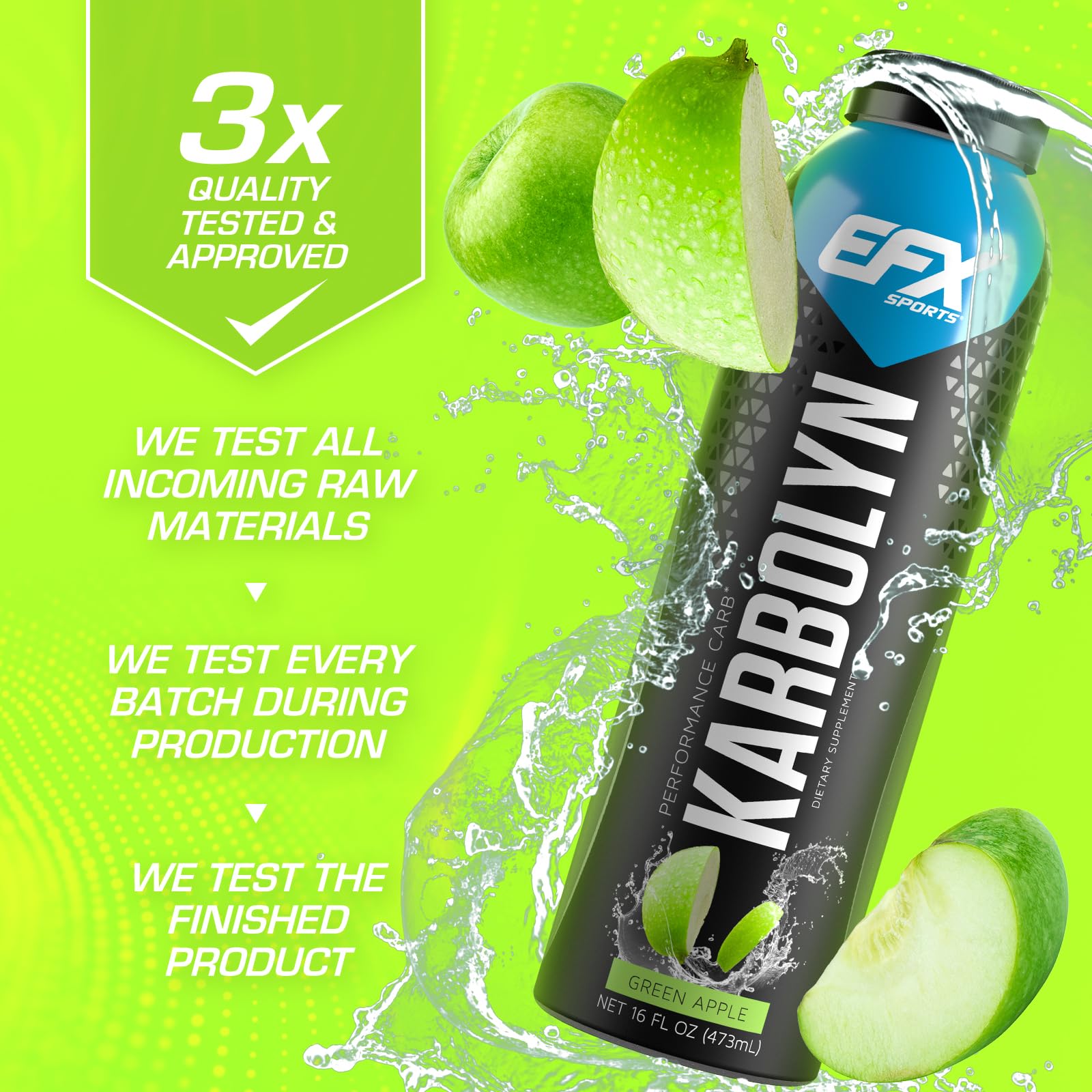 EFX Sports Karbolyn Fuel Drink | Pre, Intra, Post Workout Carbohydrate Drink | Carb Load, Sustained Energy | Stimulant & Sugar Free | 12 Pack (Green Apple)