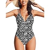 AI'MAGE Womens One Piece Swimsuit V Neck Ruched Bathing Suit Double Straps Crisscross Back Floral Print Swimwear S-XXL