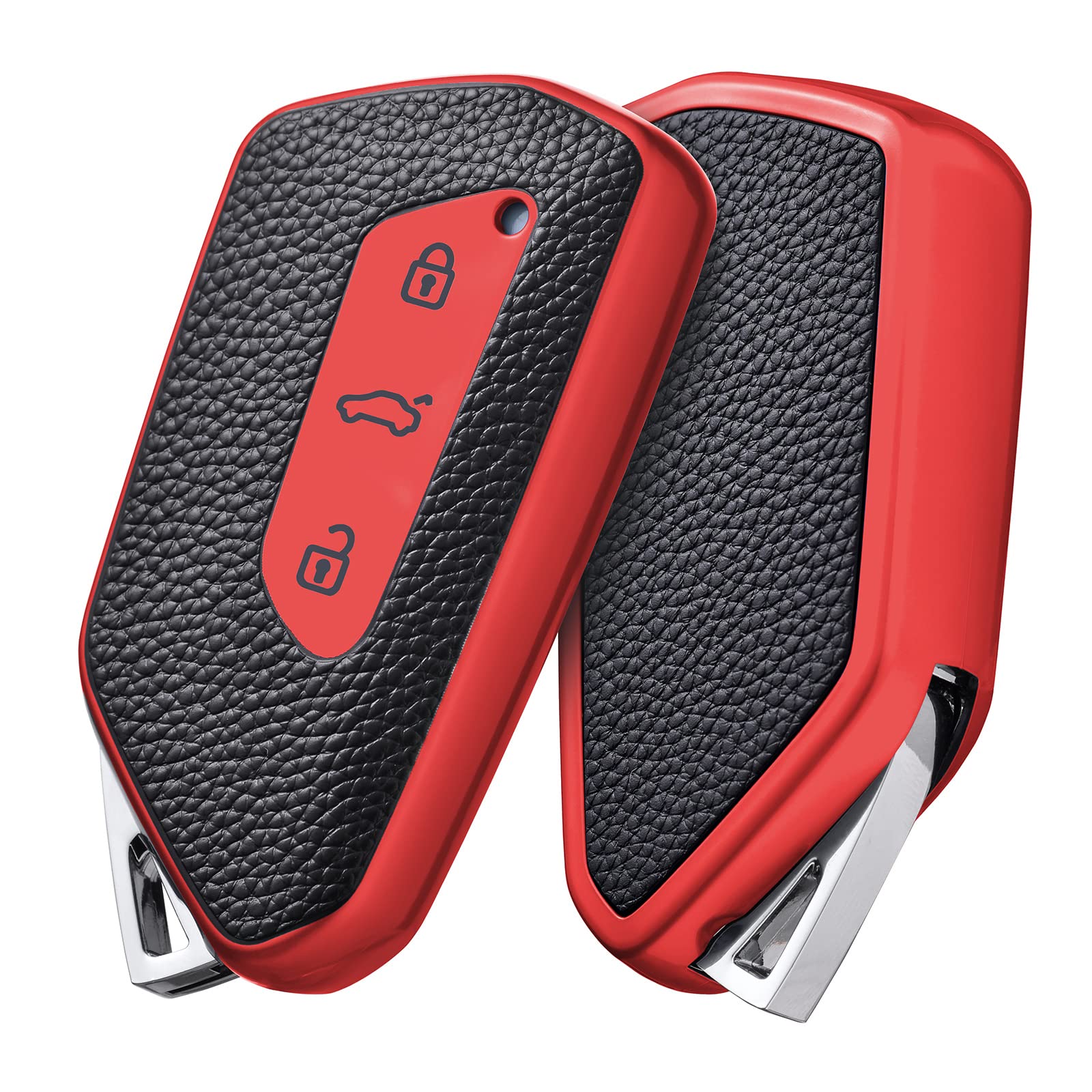 Key Case for VW, Golf 8, Seat Leon MK 4, Tarraco, Ateca, Skoda Octavia 2020 - TPU Silicone Protective Case (Red Leather)