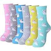 Breathffy 6 Pairs Easter Pink Fuzzy Socks for Women, Fun Cute Furry Pattern Crew Cotton Socks Gift for Her Animal Lover