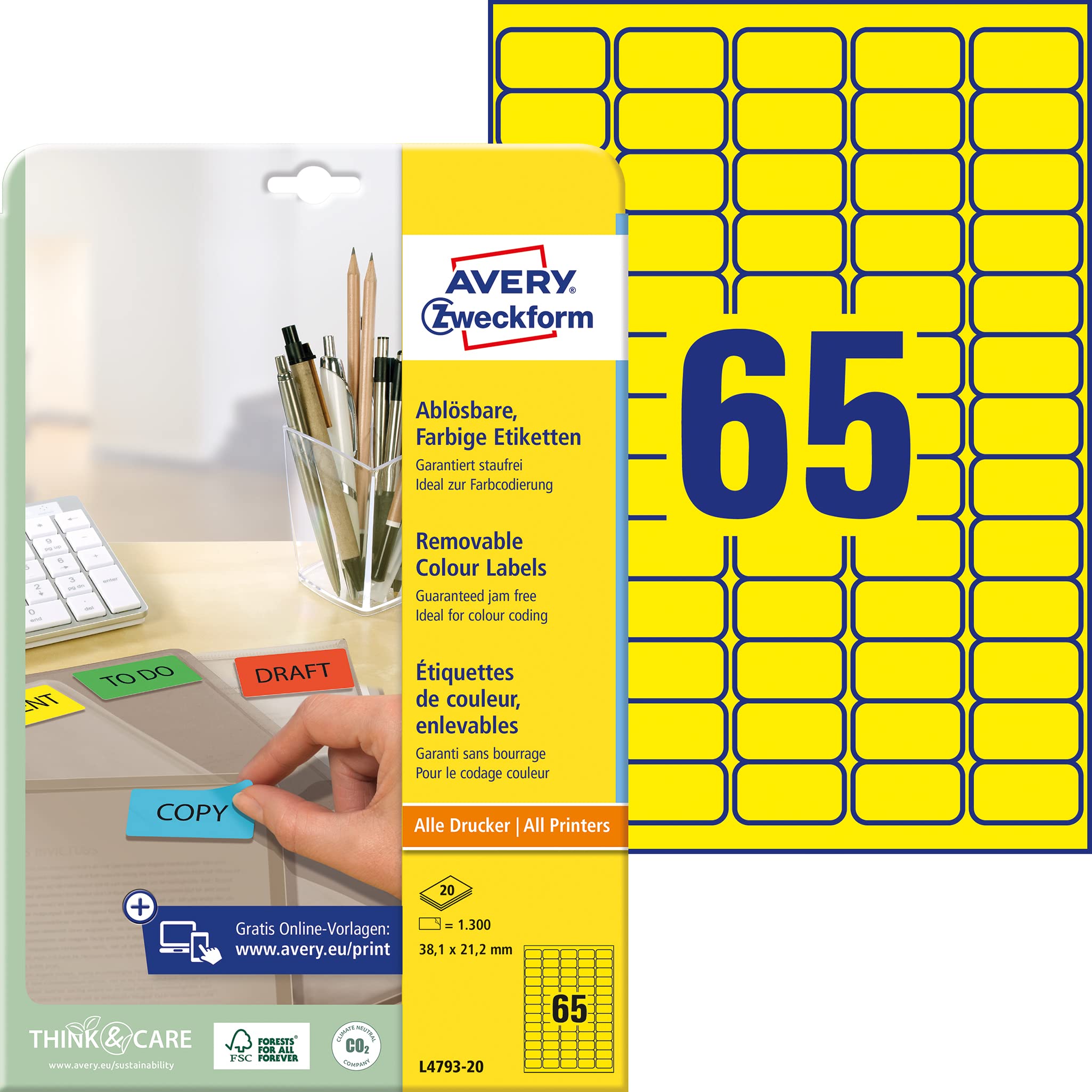 Avery Zweckform Labels 38.1 x 21.2 mm Removable for Inkjet/Laser/Copier Yellow