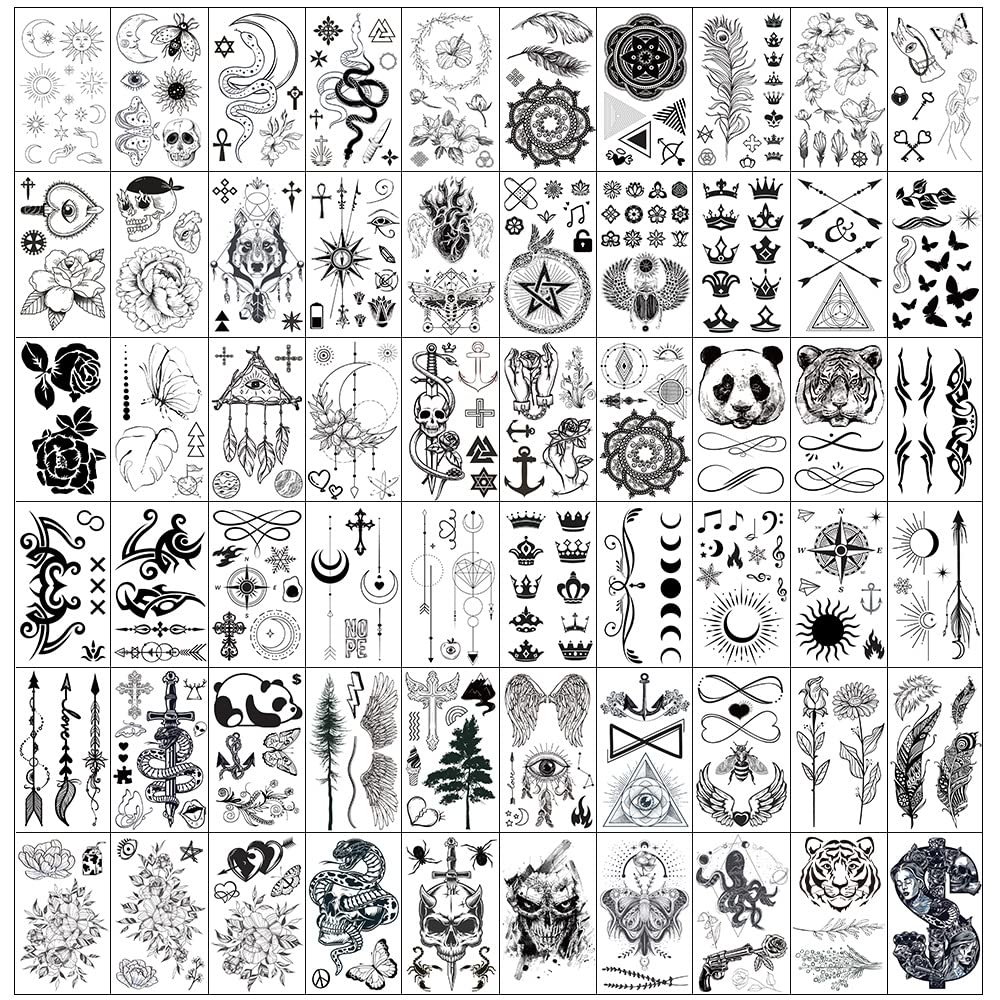 Esland 330+ Realistic Black Temporary Tattoos for Adults, 60 Pcs Vintage Skeleton Snake Tattoo Designs, Crowns, Arrows, Sun Moon Stars, Line Flowers, Butterfly, Feather, Infinite Love Tattoo Stickers — image 1