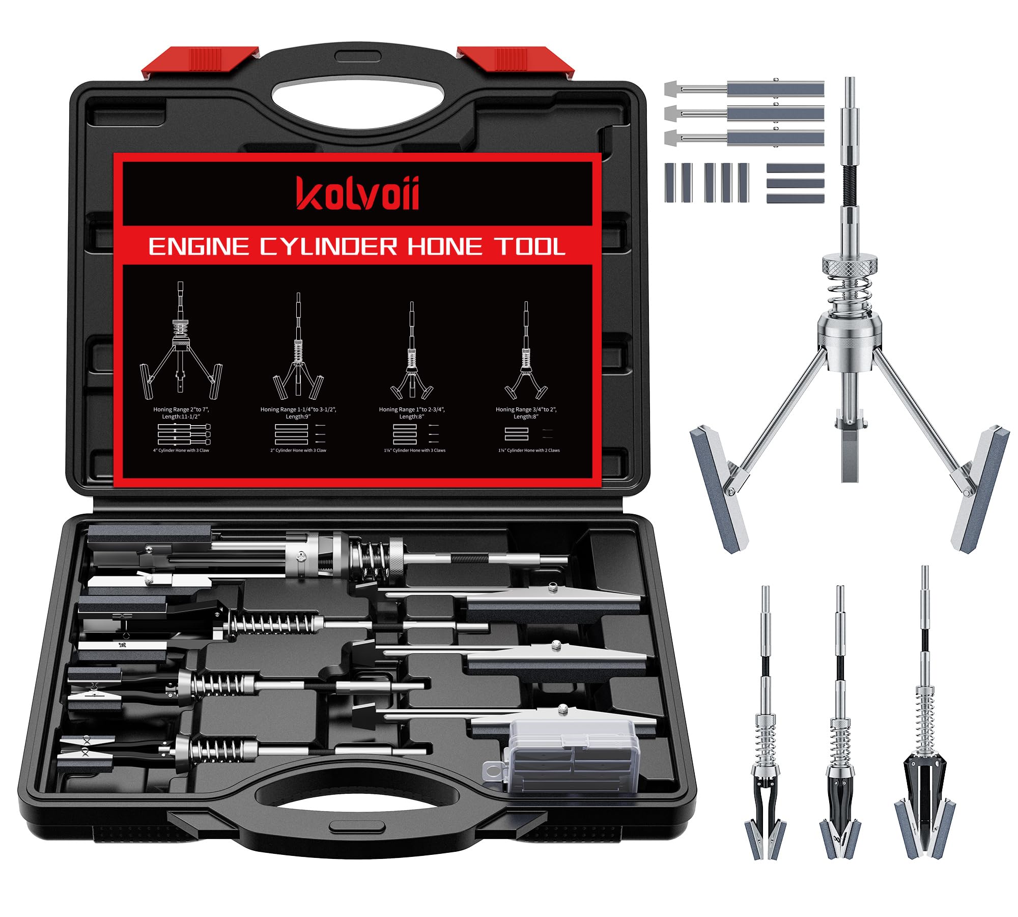 Photo 1 of Kolvoii Cylinder Hone Tool Set with Tool Box, Adjustable Engine Cylinder Honing Tool for Sizes 3/4" to 7" Cylinders, 1-1/8", 3" and 4" Diameters with Extra 11 Piece Replacement Honing Stones 220 Grit