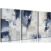 3pcs Navy Blue Abstract Canvas Wall Art Modern Minimalist Neutral Blue White Painting Picture Wall Decor Posters Prints Artworks for Living Room Bedroom Office Home Decoration