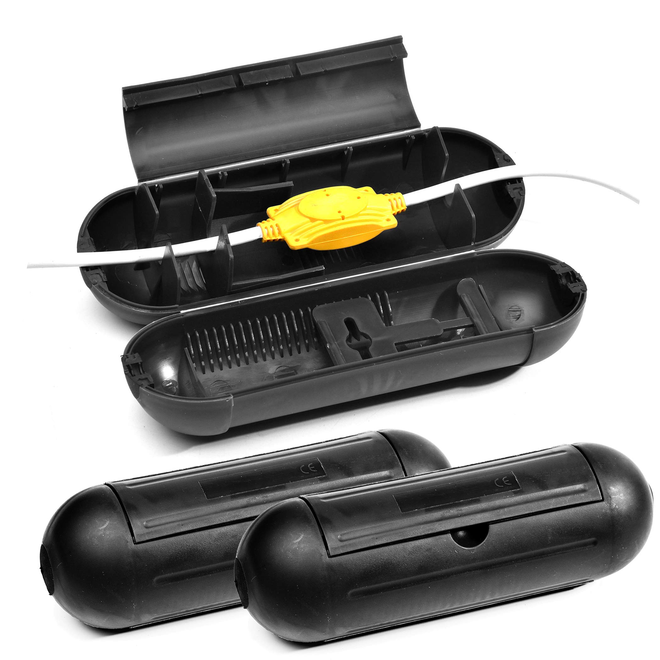 Photo 1 of (3-Pack) Outdoor Extension Cord Protective Cover Set for AWG12/14/16 Cords | Water-Resistant Holder for Holiday String Lights, Plugs and Wires | Capsule Shaped Protector with Large Compartment (Black)