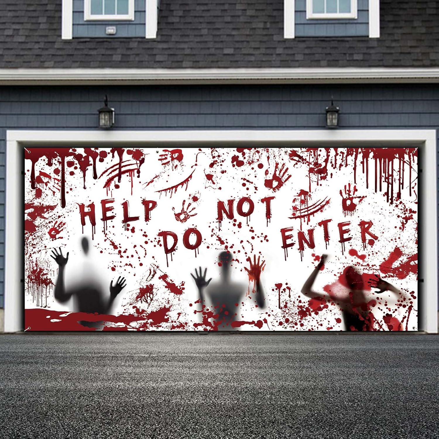 Garage Door Decorations - Halloween Garage Door Banner Decorations, Garage Door Cover with Grommets Halloween Decorations Bloodied Handprints Desperate Shadows Halloween Horror Decor Halloween Party Decorations, 6 x 13 ft