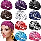 WILLBOND 10 Pcs Wide Bandana Headbands for Women Non Slip Paisley Crystal Hairband Elastic Boho Bling Rhinestone Head Wrap Stretchy Turban Bandana Hair Accessories for Sports Yoga Gym Workout