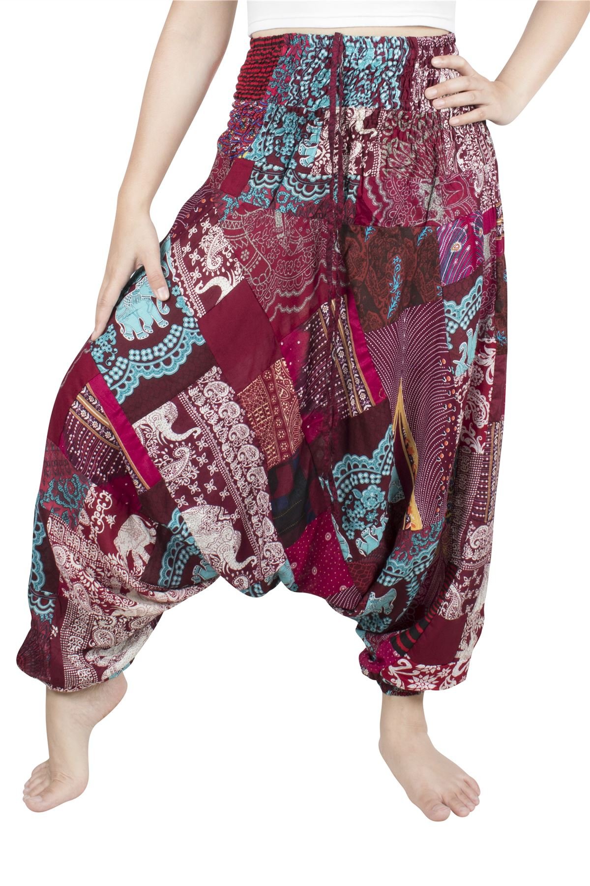 Lofbaz Women's Smocked Waist Floral Pattern 2 in 1 Patch Harem Pants Jumpsuit - Burgundy - OS