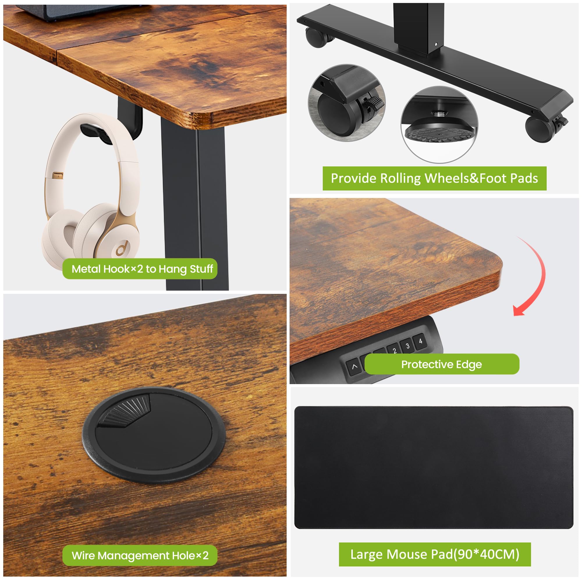 farexon Electric Standing Desk Adjustable Height Desk 55 x 24In with Charging Station, Stand up Desk with Oversized Mouse Pad, 4 Caster, 4 Preset Heights Easy to Set, 27''-45'' Lifting Range