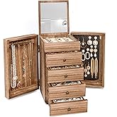 Meangood Jewelry Box Wood for Women, 5-Layer Large Organizer Box with Mirror & 4 Drawers for Rings, Earrings, Necklaces, Vintage Style, Torched Wood