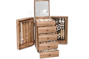 Meangood Jewelry Box Wood for Women, 5-Layer Large Organizer Box with Mirror & 4 Drawers for Rings, Earrings, Necklaces, Vintage Style, Torched Wood